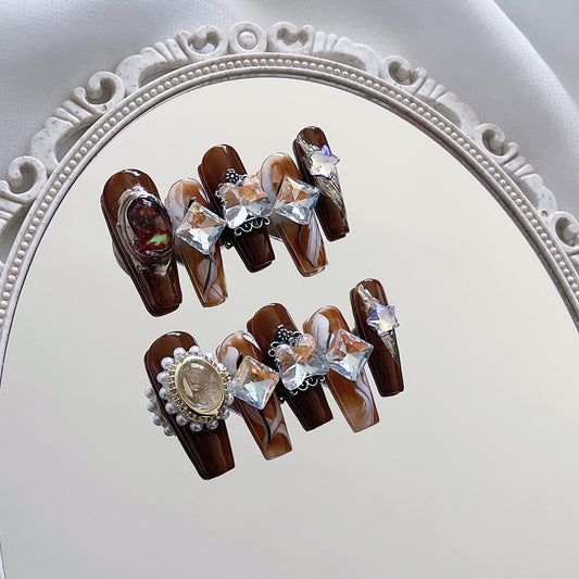 H385 Luxury Champagne Gemstone HANDMADE NAIL