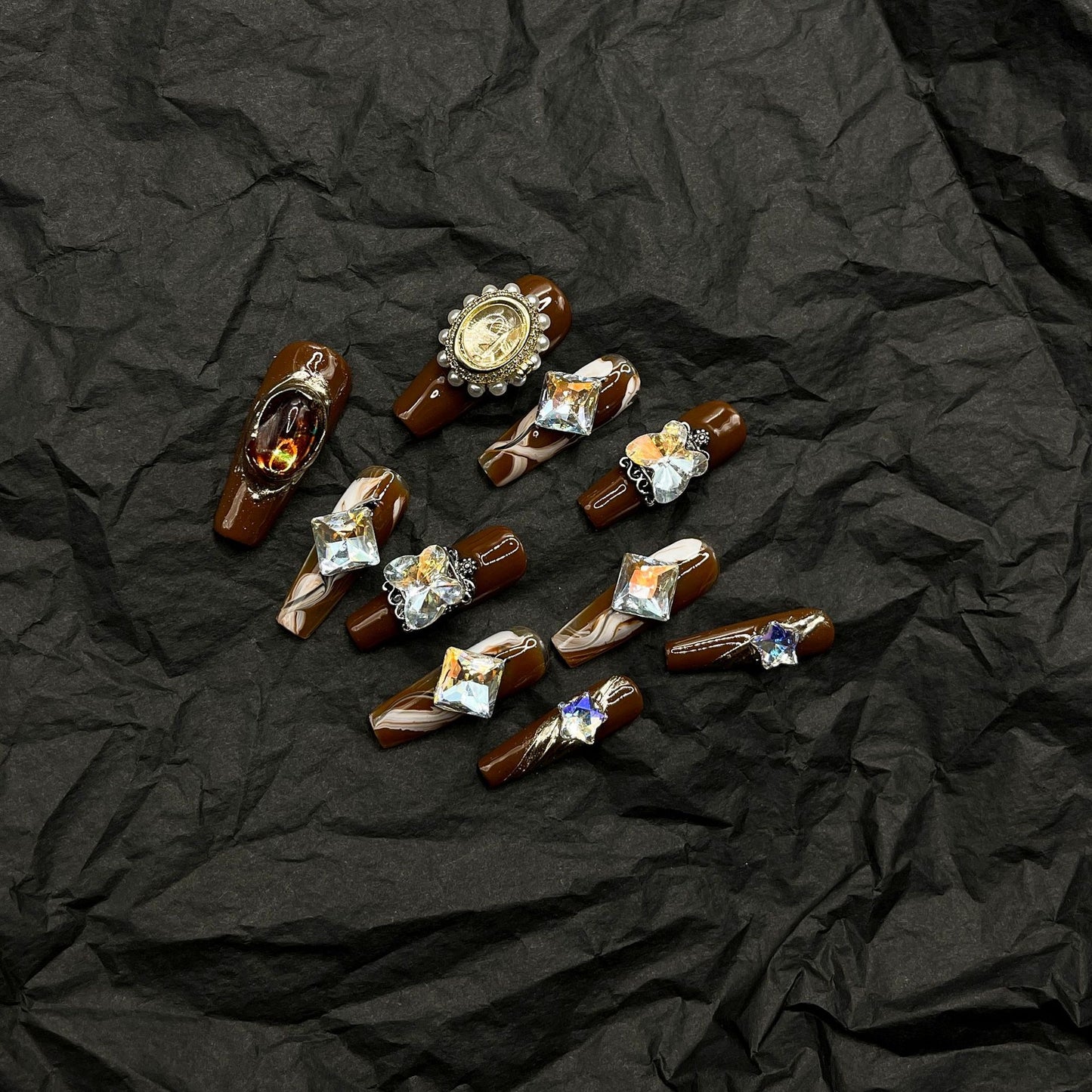 H385 Luxury Champagne Gemstone HANDMADE NAIL