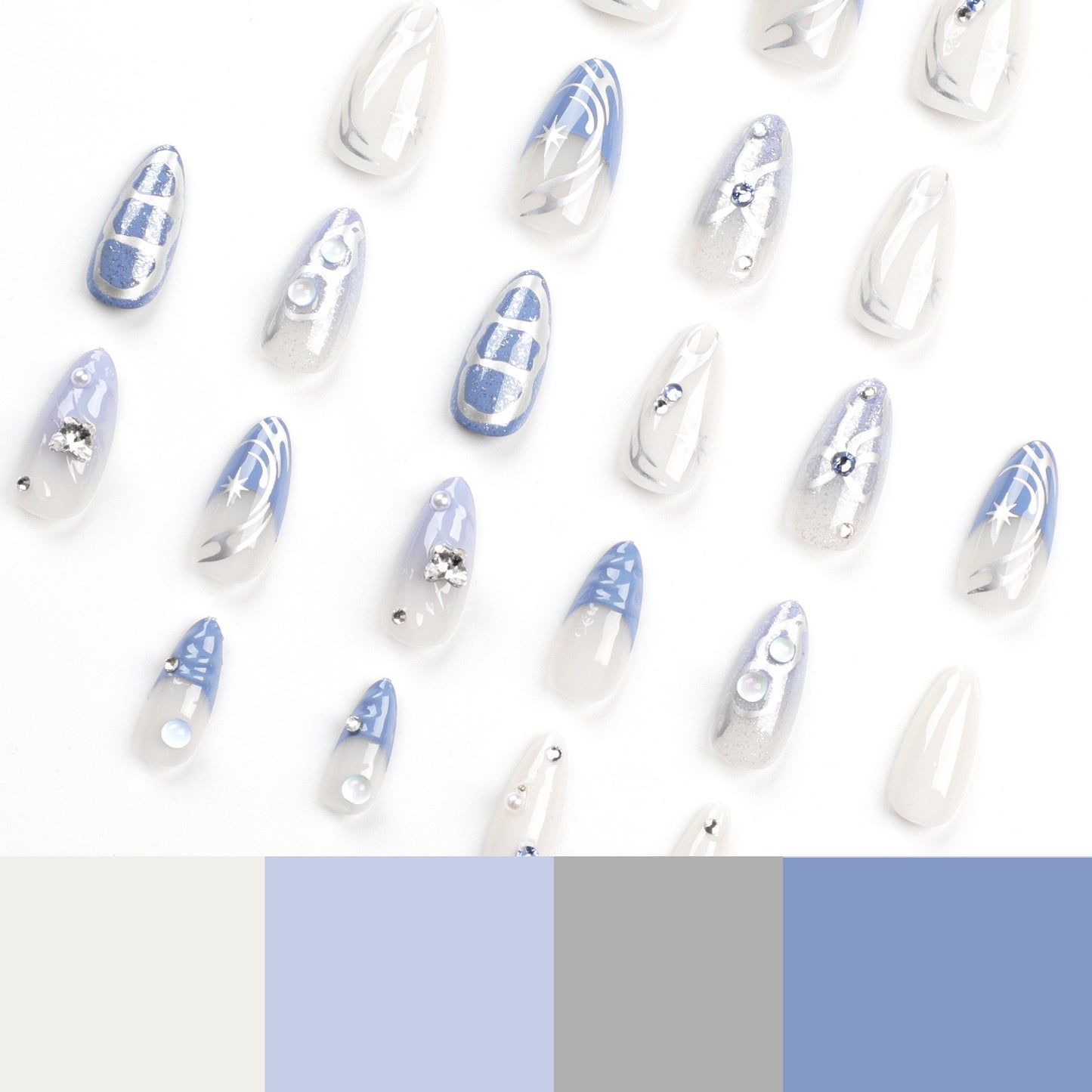 F60 3D Bow French Silver Starry Y2K MEDIUM NAIL