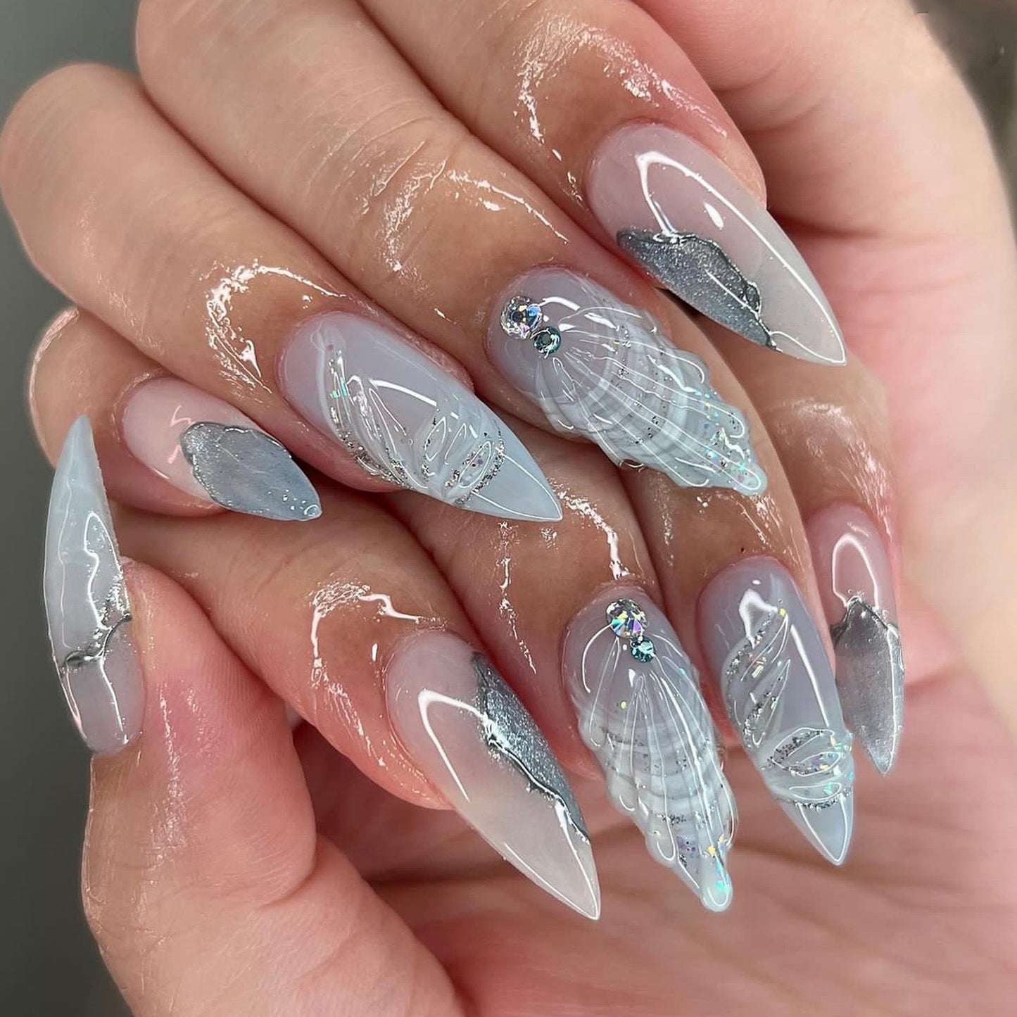 F63 3D Water Drop Shell Lake Blue MEDIUM NAIL