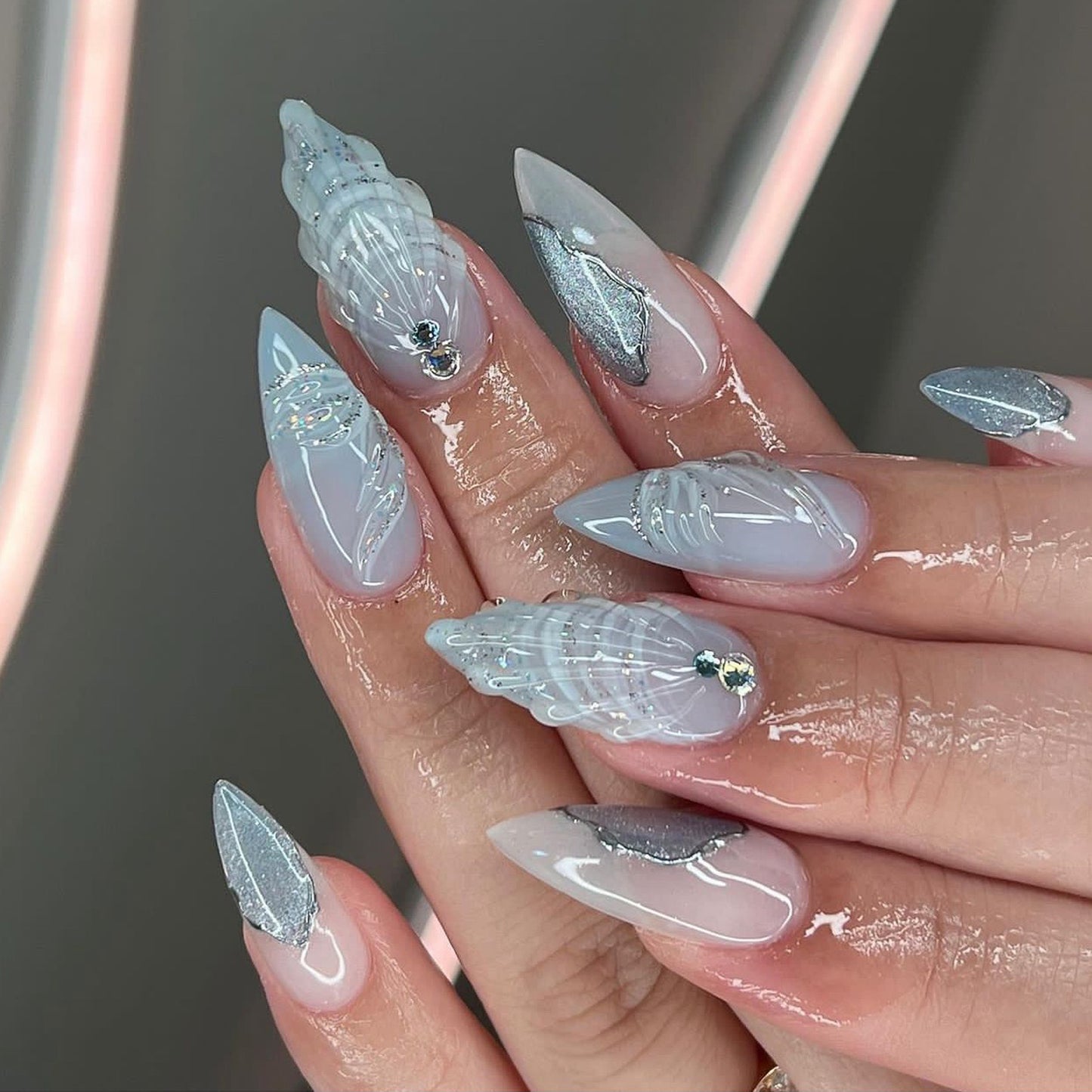 F63 3D Water Drop Shell Lake Blue MEDIUM NAIL