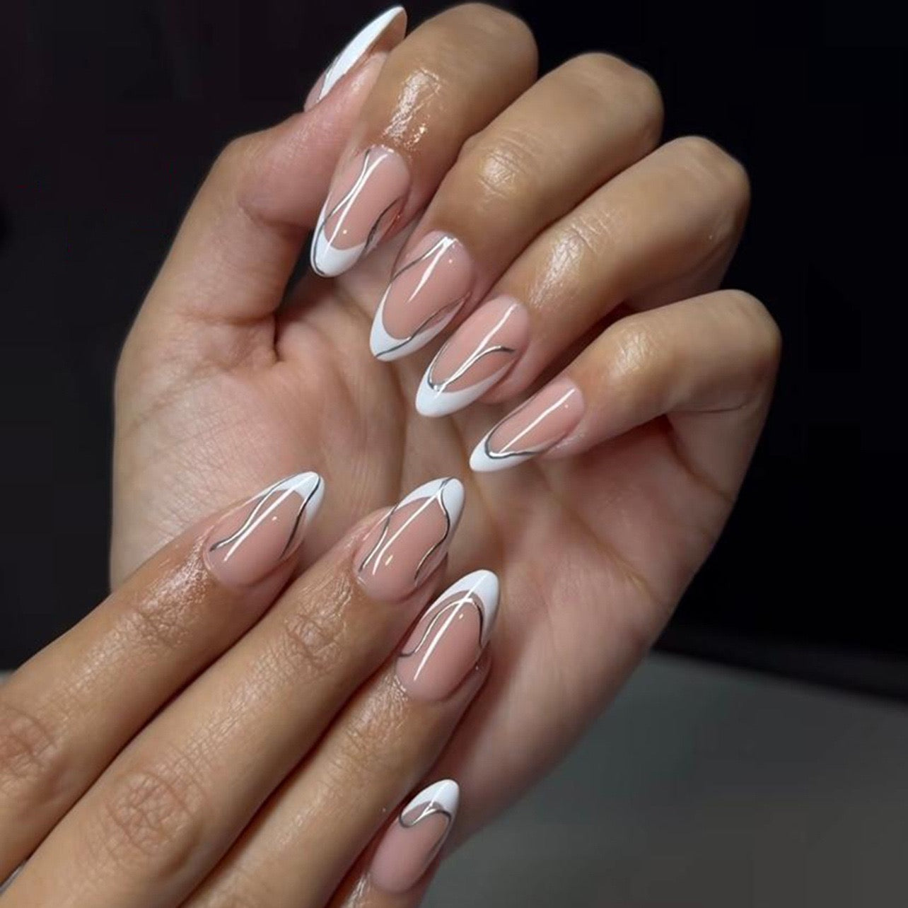 MS5 French Style White Border Silver Line MEDIUM NAIL