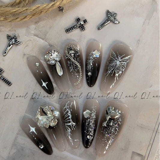 HG8 Summer Series Ice Blue Diamond Butterfly HANDMADE NAIL