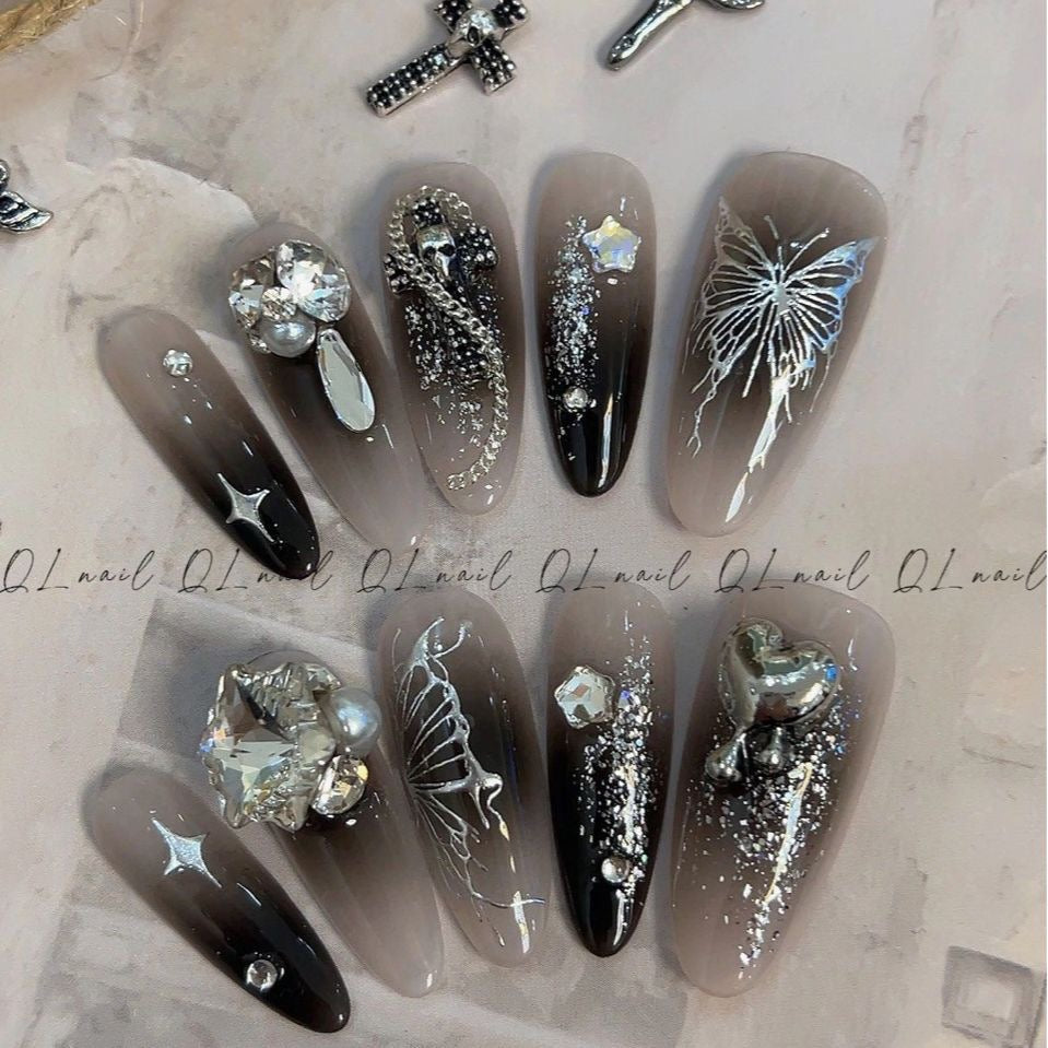 HG8 Summer Series Ice Blue Diamond Butterfly HANDMADE NAIL