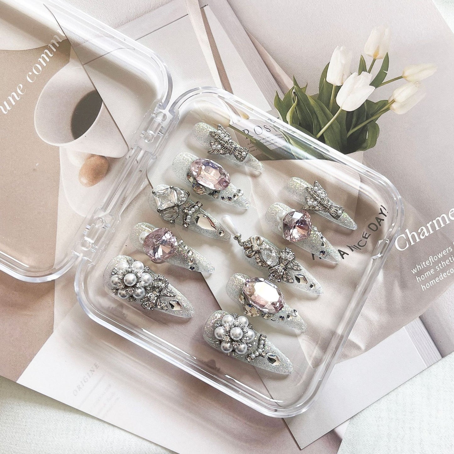 HML19 Cute Bright Silver Strawberry HANDMADE NAIL