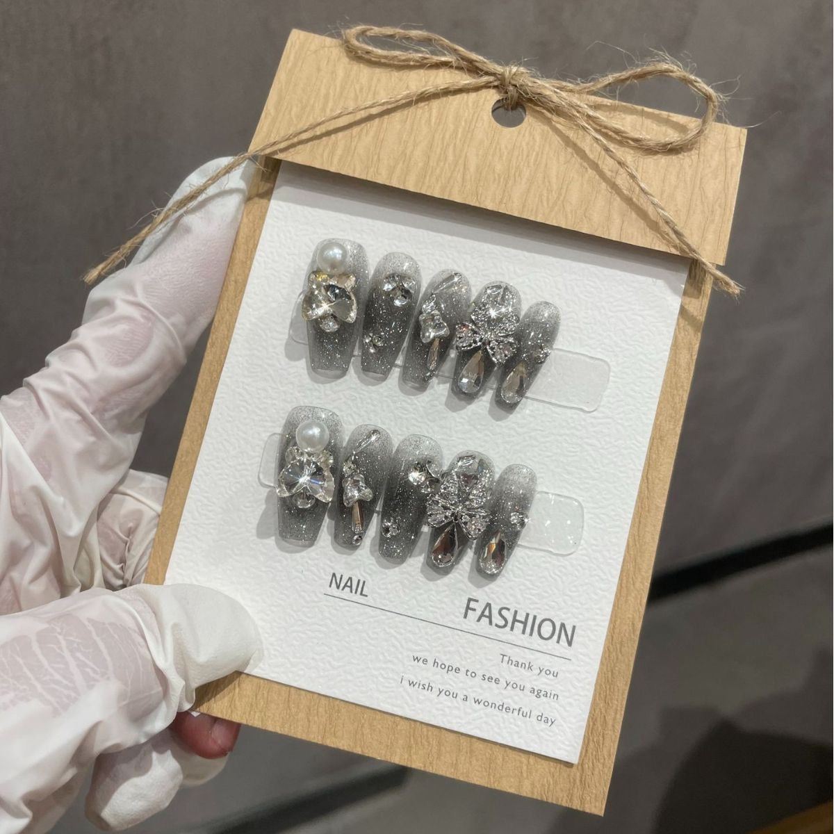 H324 Gray Starry Sky Ice Crystal Butterfly HANDMADE NAIL