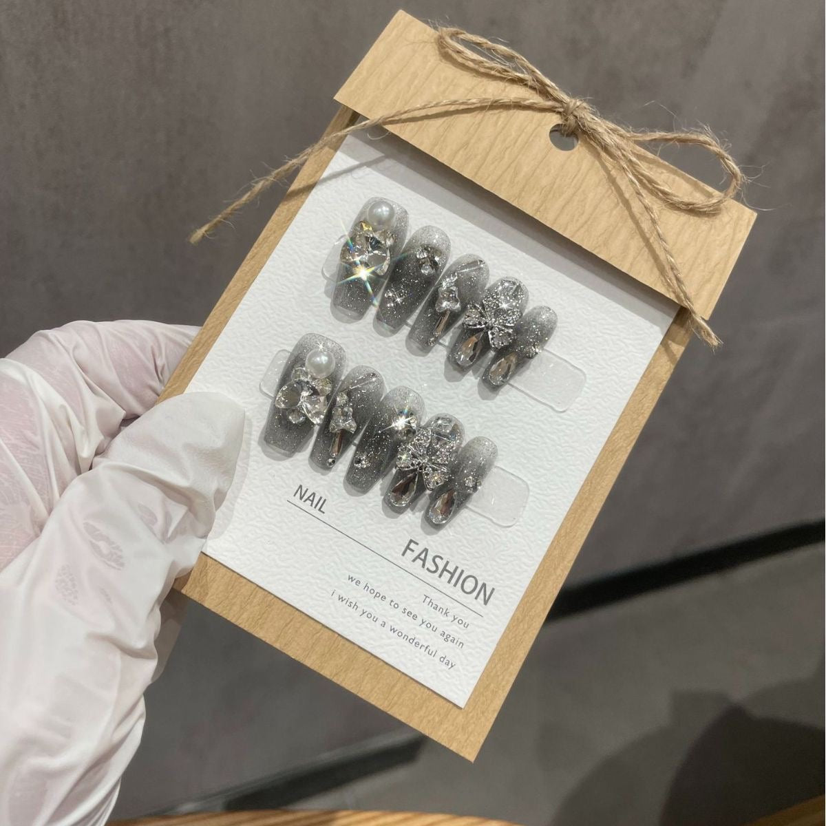 H324 Gray Starry Sky Ice Crystal Butterfly HANDMADE NAIL