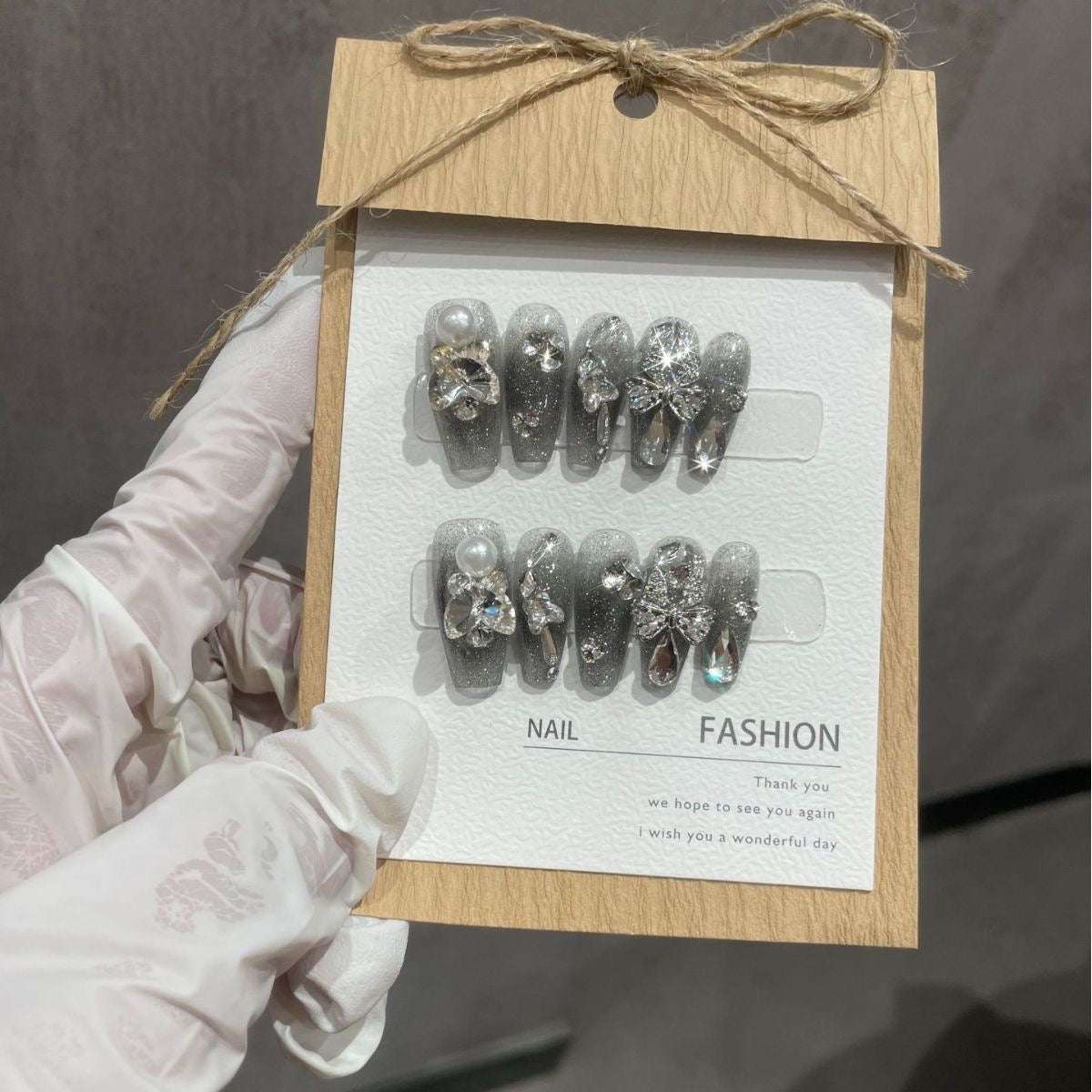 H324 Gray Starry Sky Ice Crystal Butterfly HANDMADE NAIL