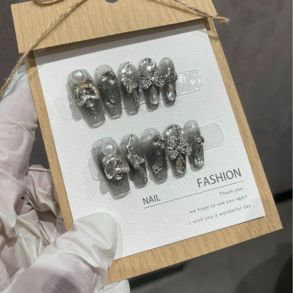 H324 Gray Starry Sky Ice Crystal Butterfly HANDMADE NAIL