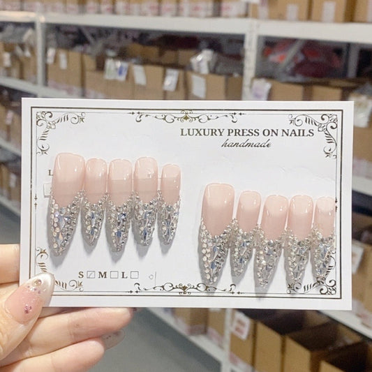 L012 French Watermelon Pink Heart Forever fF Diamonds HANDMADE NAIL