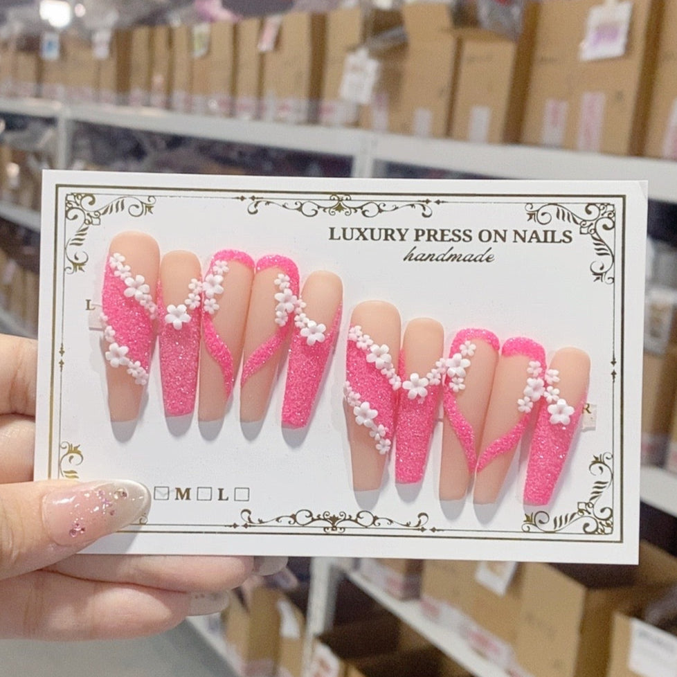 L034 Blossom Pink Glitter Silver Diamond Water Drop HANDMADE NAIL