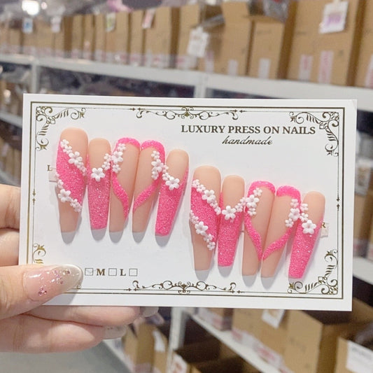 L034 Blossom Pink Glitter Silver Diamond Water Drop HANDMADE NAIL