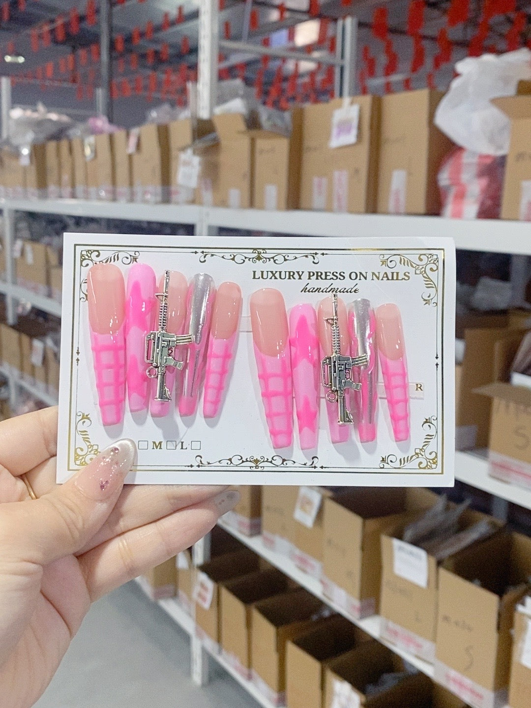 L037 White Pink Cream 3D Bow DiamondHANDMADE NAIL