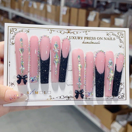 L148 ROSE RED DIAMOND HEART HANDMADE NAIL