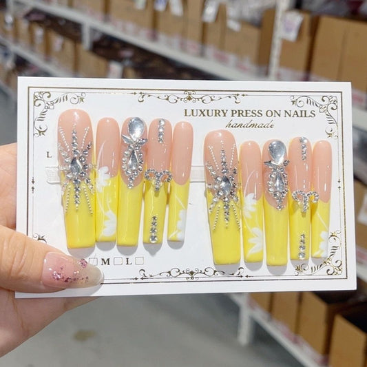L120 YELLOW Beauty with Diamonds HANDMADE NAIL