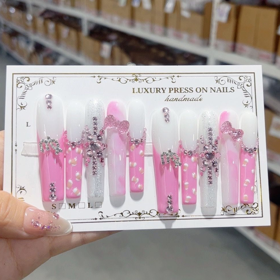 L186 Ballet sakura pink silver snake HANDMADE NAIL