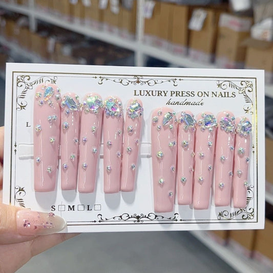 L210 Blue pink jasmine diamond HANDMADE NAIL