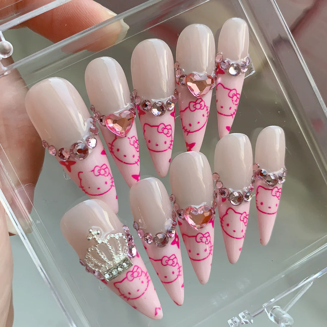 HK11 LONG ALMOND FRENCH Cat HANDMADE NAIL