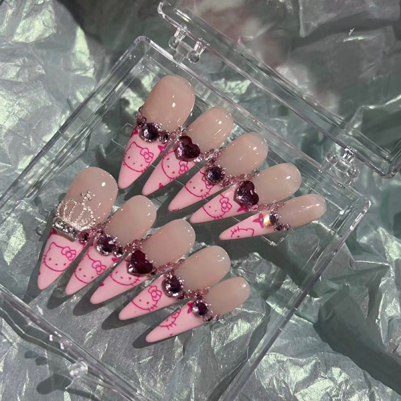 HK11 LONG ALMOND FRENCH Cat HANDMADE NAIL