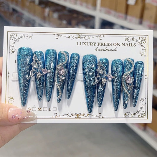 M107 Water Droplet Blue Diamond HANDMADE NAIL