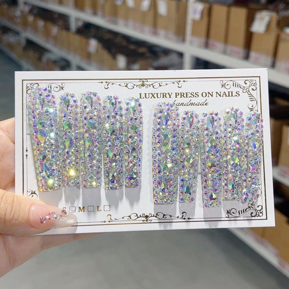 N010 Watermelon peel green baby pink diamond HANDMADE NAIL