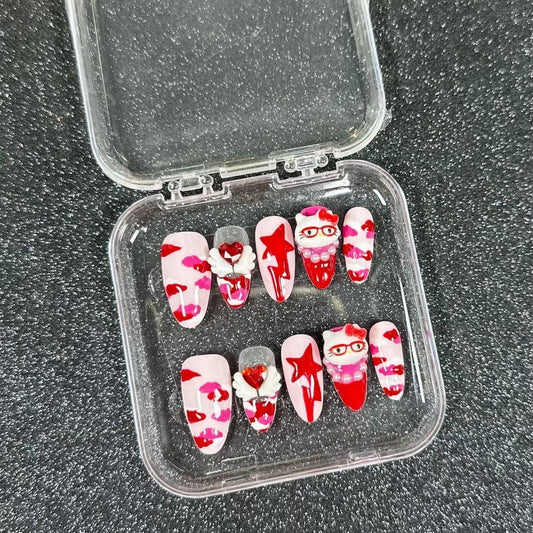 HK59 Red Pentagram Heart Wings Cat HANDMADE NAIL