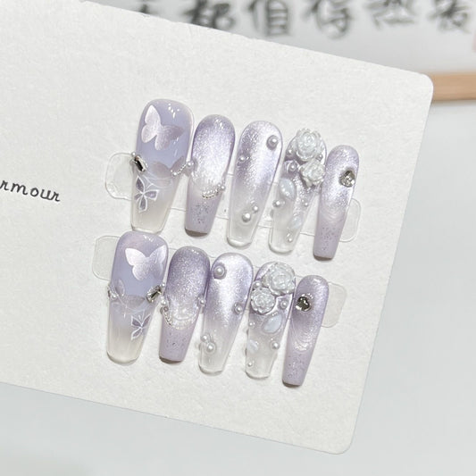 H381 Purple Romantic French Atmosphere Butterfly Cat Eye HANDMADE NAIL