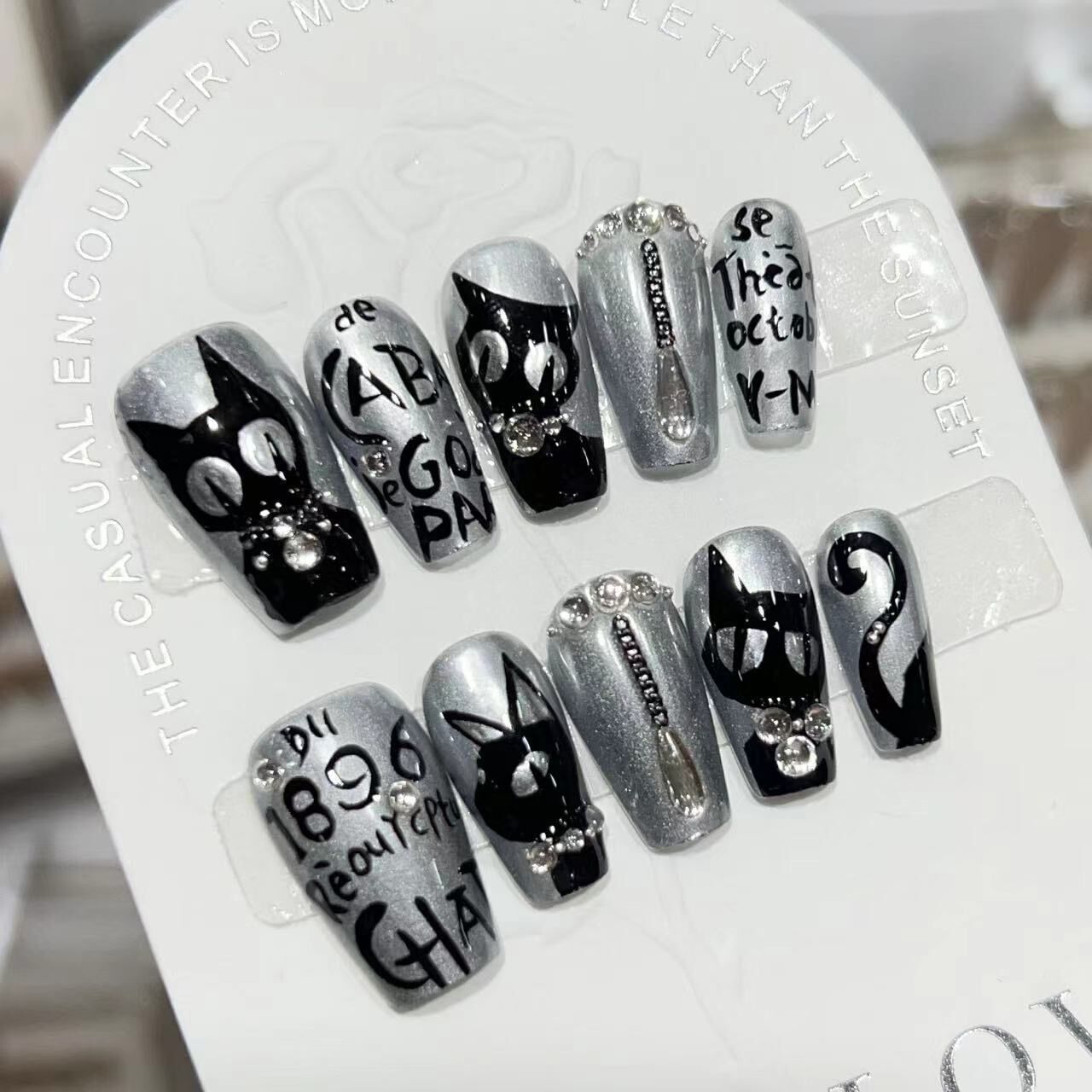 H382 Black Cat Dark Alphabet HANDMADE NAIL