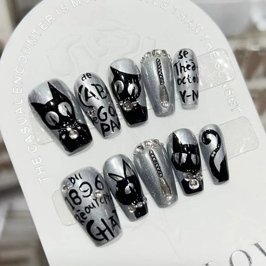 H382 Black Cat Dark Alphabet HANDMADE NAIL