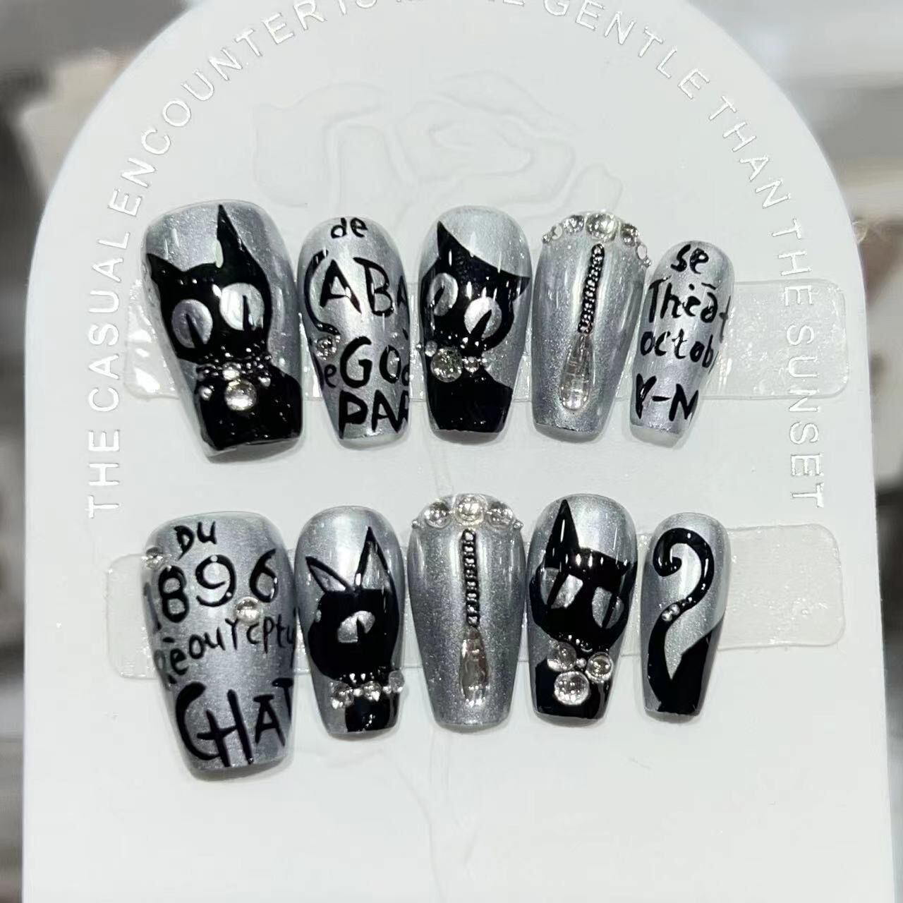 H382 Black Cat Dark Alphabet HANDMADE NAIL