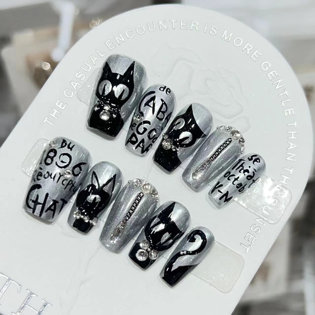 H382 Black Cat Dark Alphabet HANDMADE NAIL