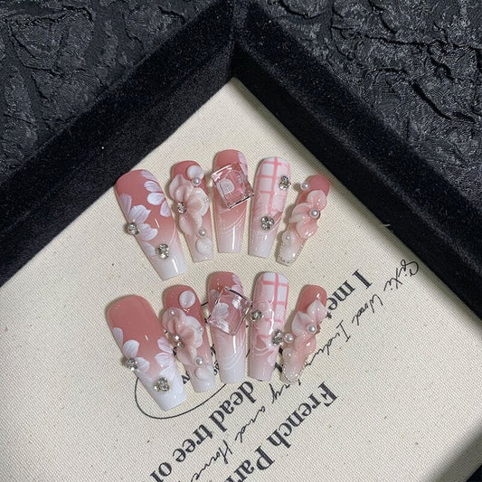 P16 Pink Glass Carving HANDMADE NAIL