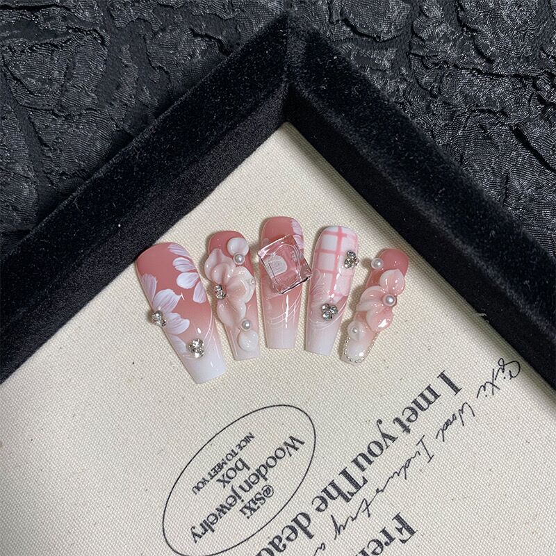 P16 Pink Glass Carving HANDMADE NAIL