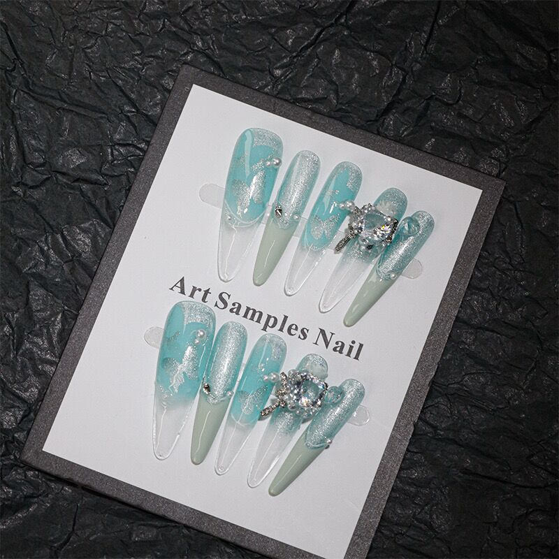 P17 Mint Ice Butterfly Zircon HANDMADE NAIL