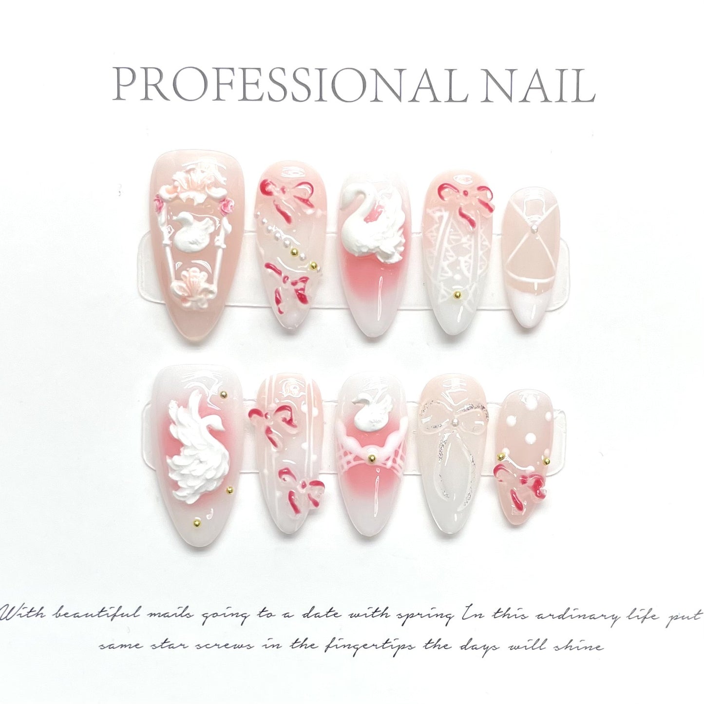 H353 Bow Carving Flowers Love of the White Swan HANDMADE NAIL