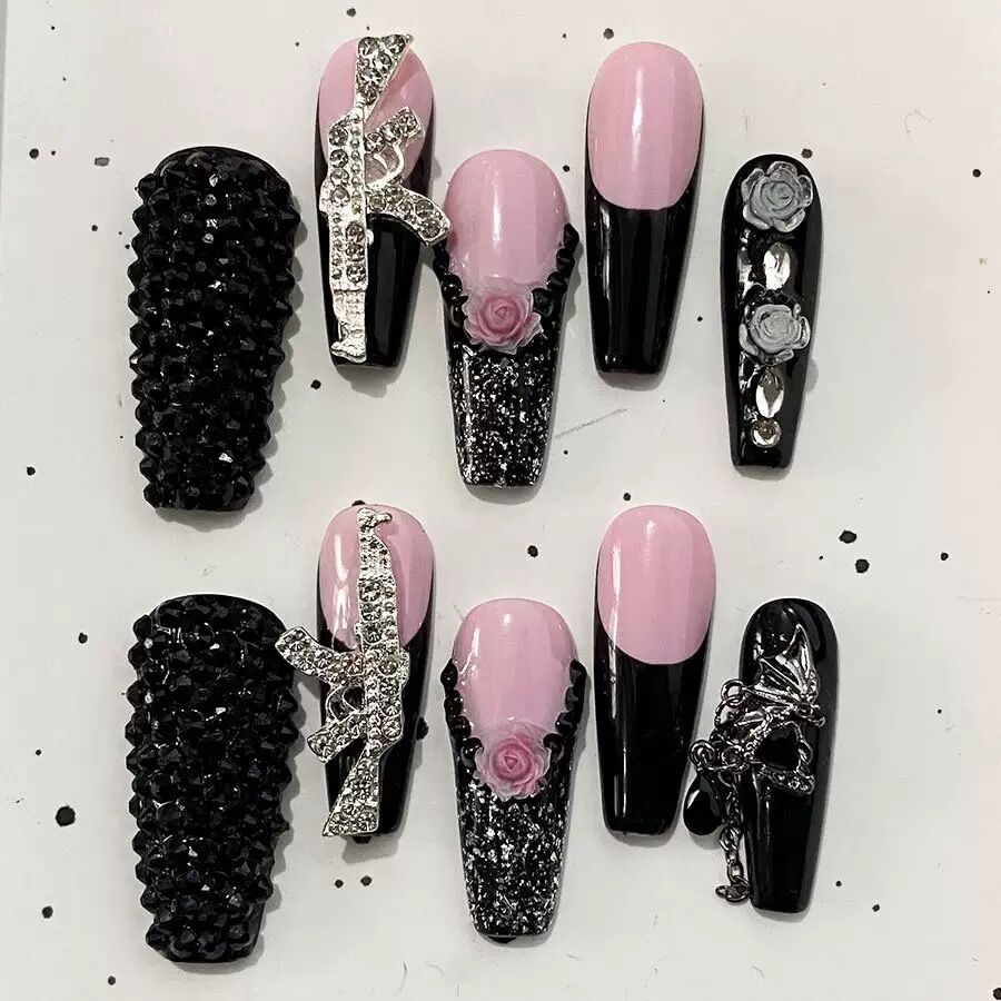 HML2 AK GUN BLACK FUR BALL HANDMADE NAIL