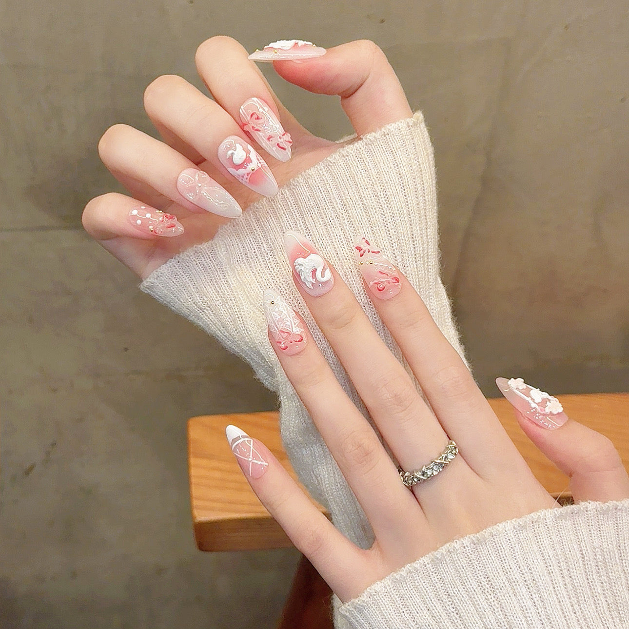 H353 Bow Carving Flowers Love of the White Swan HANDMADE NAIL