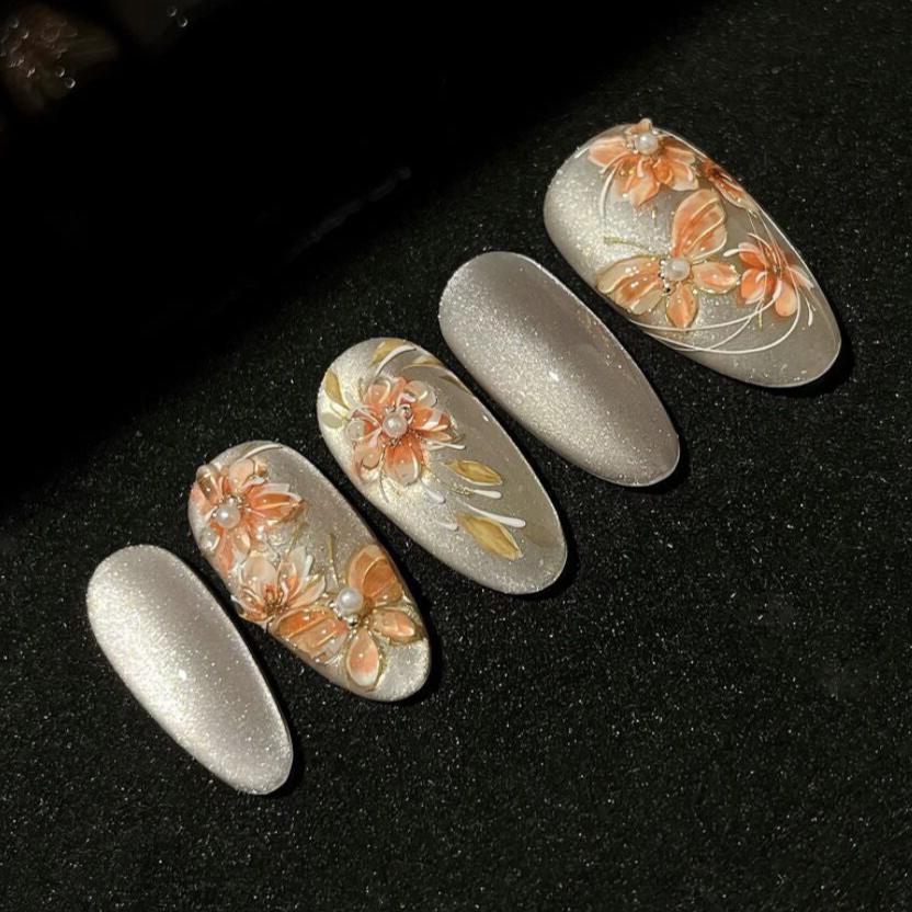 H401 Butterflies In Love With Flowers HANDMADE NAIL