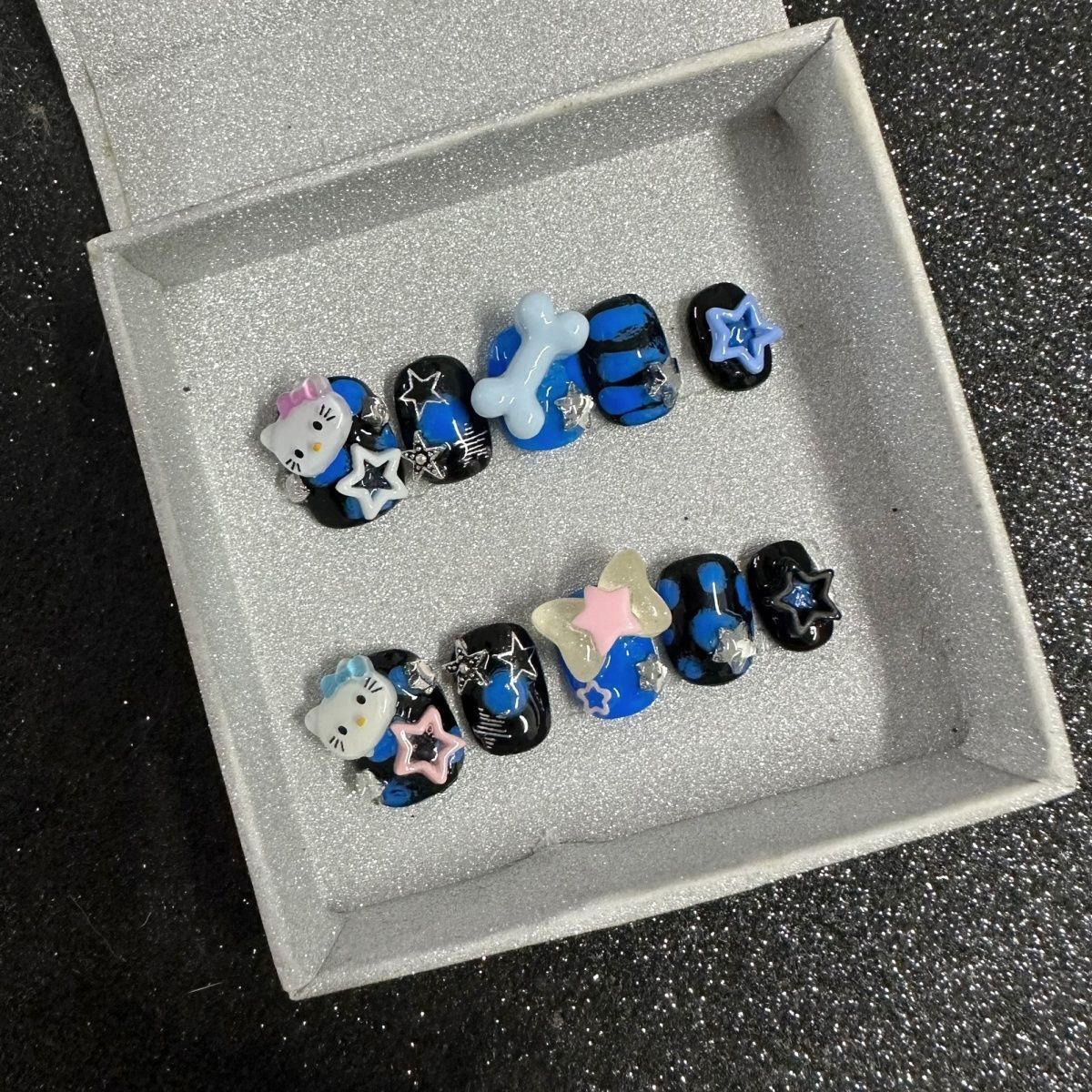 HK39 Y2k Blue Agate Pentagram Cat HANDMADE NAIL