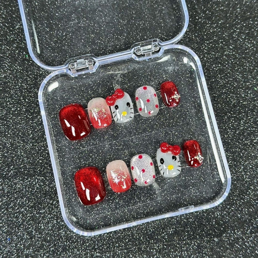 HK62 Pomegranate Red Cat Eye Wave Point HANDMADE NAIL