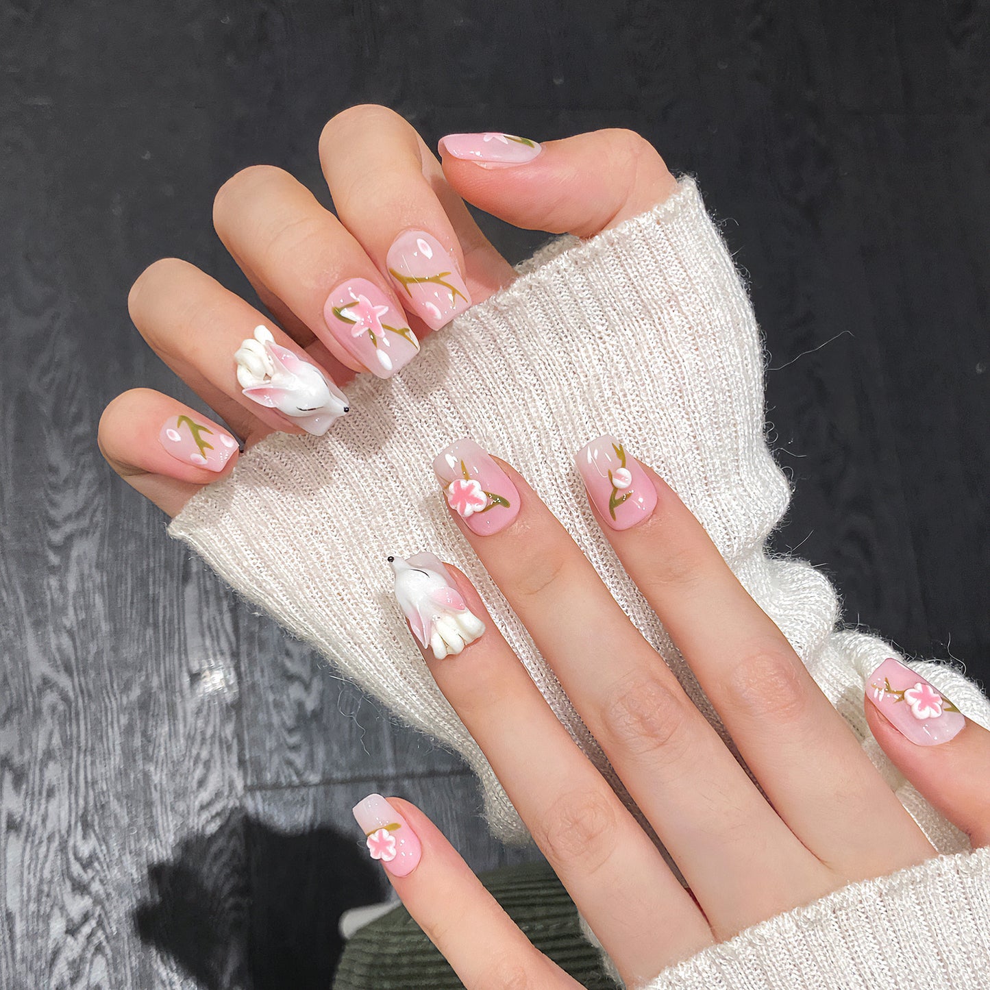 HX2 Cute Sakura Pink Fox HANDMADE NAIL