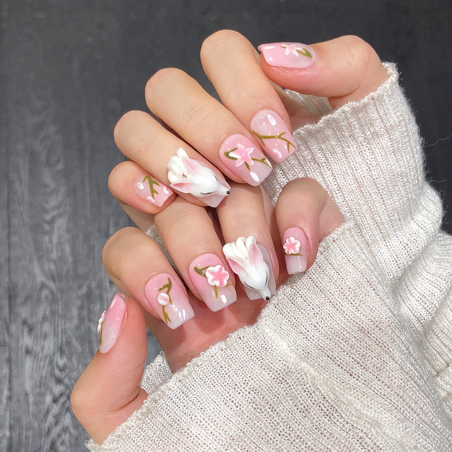 HX2 Cute Sakura Pink Fox HANDMADE NAIL