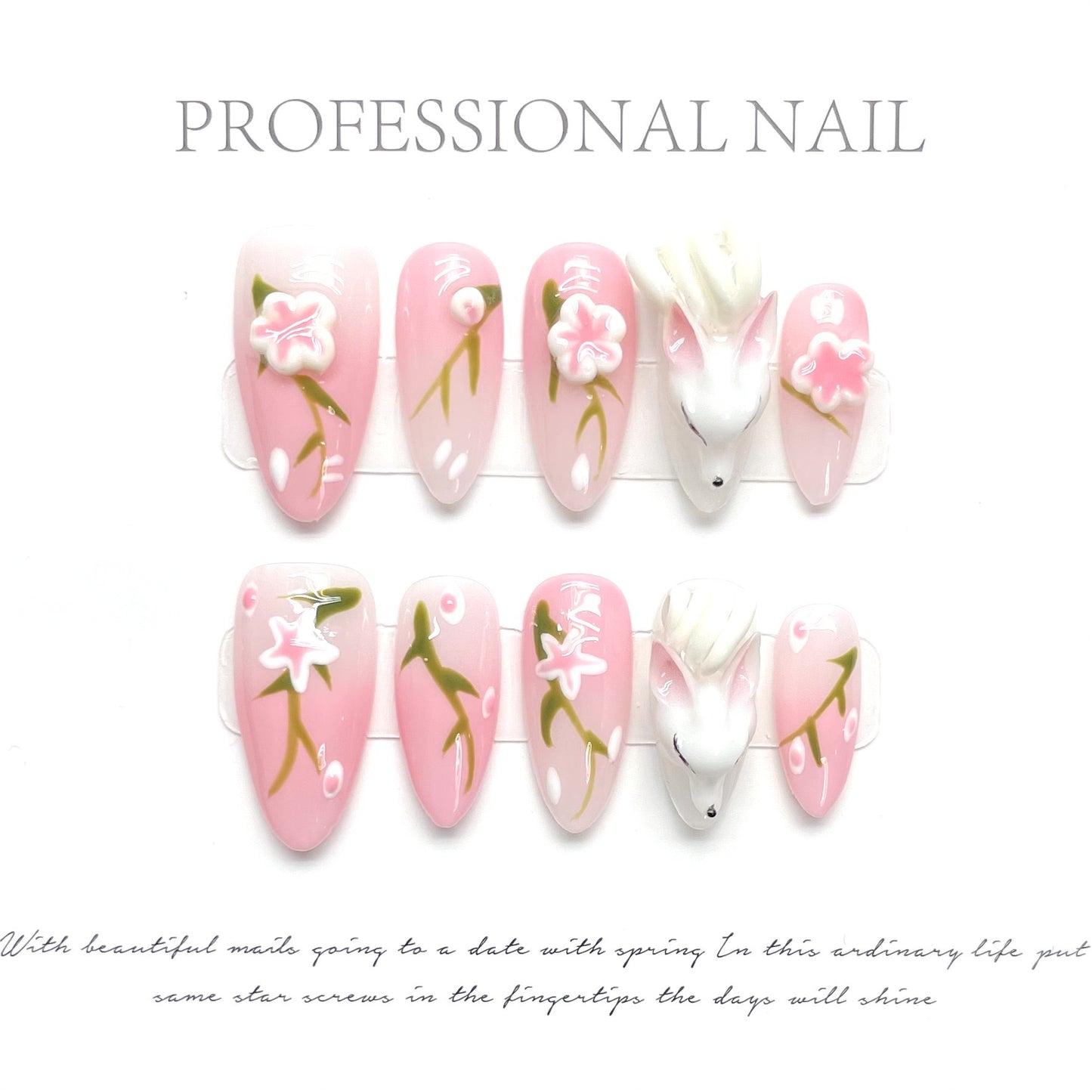 HX2 Cute Sakura Pink Fox HANDMADE NAIL