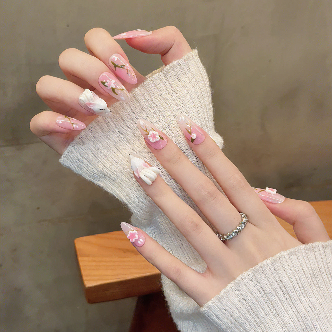 HX2 Cute Sakura Pink Fox HANDMADE NAIL