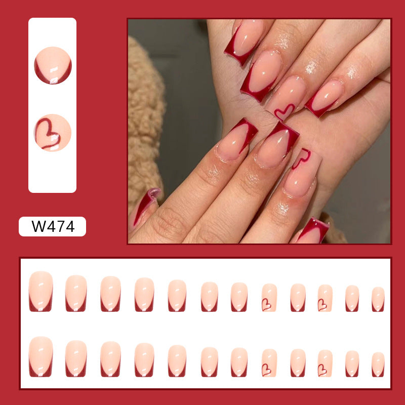 S34 SIMPLE WINE RED HEART EUROPEAN STYLE SHORT NAIL