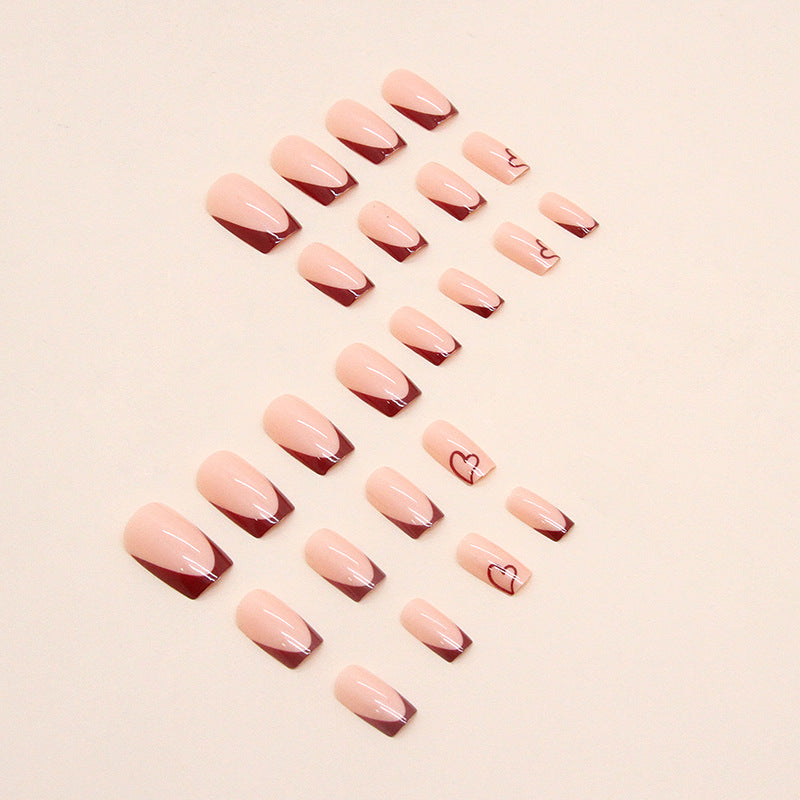 S34 SIMPLE WINE RED HEART EUROPEAN STYLE SHORT NAIL