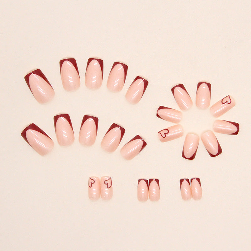 S34 SIMPLE WINE RED HEART EUROPEAN STYLE SHORT NAIL