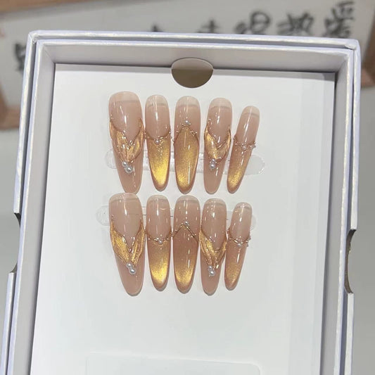 H370 Cat Eye Mermaid Tail Gold HANDMADE NAIL