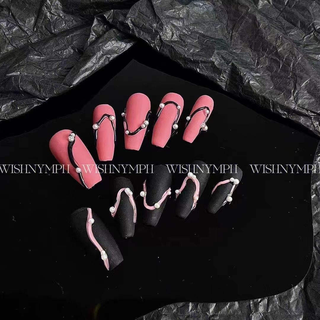 H175 PUNK BLACK & PINK STRIP HANDMADE NAIL