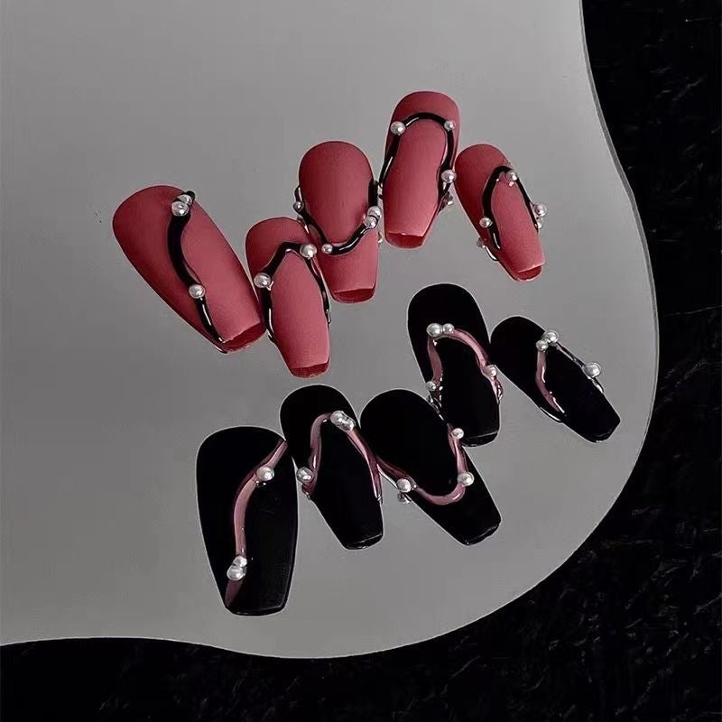 H175 PUNK BLACK & PINK STRIP HANDMADE NAIL